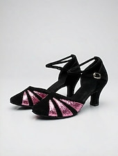 abordables Años 1920 &amp; Era Gatsby-Zapatos de tacón de ante negro estilo Gran Gatsby de los años 20 para mujer: elegantes zapatos de salón rojos con purpurina y estampado de rayos de sol, con correa en el tobillo, ideales para fiestas