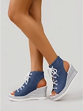 economico Sandali con Piattaforma-Sandali con zeppa e lacci in denim da donna – espadrillas con plateau e punta aperta, ideali per festival musicali, vacanze e abbigliamento casual all'aperto.