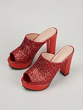 voordelige Platform Sandalen-Rode glitter platform muiltjes voor dames – stevige instapsandalen met blokhak voor de nachtclub of een feestje. &amp;een glamoureuze avond uit