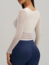 cheap Yoga Tops-Women's Sports Bra Top 2 Piece Yoga Top V-neckline Quick Dry Lightweight Comfortable Mesh Long Sleeve Sports Solid Color Top For Gym Workout Running Fitness Classic-Fit Activewear