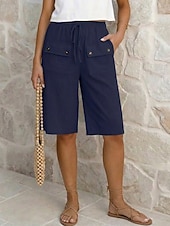 billiga Botten-Dam Byxor med linnekänsla Bermudashorts Capribyxor Shorts Semester Streetwear Grundläggande Knelängd Medium Midja Ensfärgat Slät Ficka Elastiskt midjeband Komfort Andningsfunktion Oelastisk Dagligen