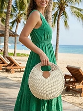 economico Borsette e borse tote-Borsa tote rotonda da donna in paglia, disponibile in diversi colori, ideale per vacanze al mare, viaggi in resort, outfit estivi casual e per un look boho di tutti i giorni.