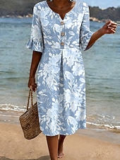 abordables Vestidos florales-Mujer Vestido Midi Vestido de verano Vestido informal Vestido de una línea Elegante Vacaciones Playa Festivos Ajuste regular Floral Graphic Manga Corta Escote en Pico Azul Piscina Amarillo Naranja