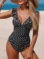 preiswerte Einteilige Badeanzüge-Damen Badeanzug Einteiler Monokini Bademode Bauchkontrolle Hohe Taille Schlank Rückenfrei Urlaub Strandbekleidung Tupfen V Ausschnitt Ärmellos Badeanzüge