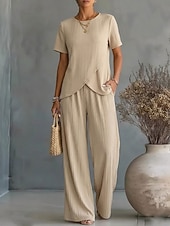  Dames T-shirt Broeken Sets Bolero Korte mouw Strakke ronde hals Effen Kleur Modieus Streetwear Dagelijks Buiten Vakantie blauw Wijn Groen Zomer Ruim Passend