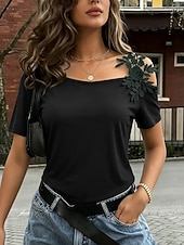 abordables Camiseta lisa-Mujer Camiseta Camiseta superior Encaje Retazos Plano Moda Elegante Clásico Manga Corta Asimétrico Tops regulares Casual Diario Noche Negro Blanco Verde Trébol Verano Primavera