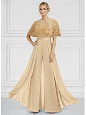 abordables Monos de mamá-Traje de pantalón Hasta el Suelo Vestido formal Vestido de Madrina Manga Corta Cuello Barco Elegante Sencillo Embellecido Formal Invitado a la boda Iglesia Gasa con Cuentas Apliques