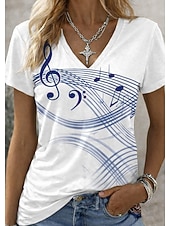  Per donna Maglietta Stampato Floreale Grafico Musica Vintage Elegante Classico Manica Corta Scollo a V Top Regolari Quotidiano Sportivo Uscire Blu Bianco Estate Primavera Autunno