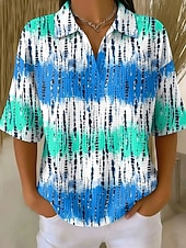 cheap Art&amp;Design Blouses-Women's Waffle T-shirt Textured Knit Tops Graphic Geometric Elegant Vintage Stylish Half Sleeve Polo Collar Regular Tops Casual Daily Blue Yellow Green Summer Spring