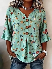abordables Blusas Florales-Semana Santa Mujer Camisa Floral Graphic Vintage Elegante Manga Larga Escote en Pico Tops largos Casual Diario Festivos Verde Trébol Beige Azul claro Verano Primavera