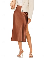 economico Gonne Formali-Per donna Gonne in raso Elegante Moda Midi Vita Alta Gonne Semplice Con Spacco Micro-elastico Feste Data Nero Champagne Marrone Verde Estate