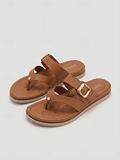 baratos Sandálias Confortáveis-Sandálias femininas marrons de dedo com fivela ajustável – chinelos confortáveis com amortecimento, rasteirinhas de verão respiráveis de bico aberto para praia, férias e viagens. &amp;uso diário