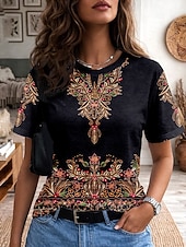 ieftine tricou boho-Pentru femei Tricou Imprimeu Grafic Abstract Epocă Stilat Clasic Manșon scurt Stil Nautic În V Topuri obișnuite Casual Zilnic Sfârșit de săptămână Albastru piscină Negru Galben Mov Maro Vară Primăvară