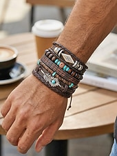 זול תכשיטים לגברים-סט צמידים בסגנון בוהמי לגברים, אורך מתכוונן בן 6 חלקים, סגסוגת, קליפת קוקוס &amp;חומר מעורב עץ, מושלם לחופשת חוף, ללבישה יומיומית קז'ואלית