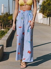 economico gamba larga e vita alta-Per donna Gamba larga Chinos Vacanza Moda Streetwear Lunghezza intera Vita Alta A righe Tasca Fascia Elastica Stampato Comodo Comodità Morbido Elasticizzato All'aperto Vacanza Streetwear Blu Estate