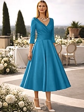 preiswerte Cocktailkleider-A-Linie Tee-Länge Cocktailkleider Partykleider Elegant Vintage Übergröße Dreiviertelarm V Ausschnitt Hochzeitsgast Satin mit Falten
