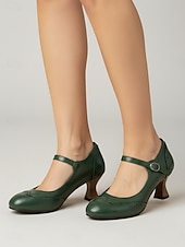 baratos Retrô dos anos 1950-Sapatos Mary Jane femininos vintage verde-escuros dos anos 1950 - elegantes sapatos brogue com fivela para festas retrô e uso no escritório. &amp;estilo clássico