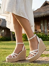 abordables Sandalias de cuña-Sandalias de cuña tipo alpargata para mujer, sandalias de plataforma con tiras y hebilla en el tobillo, zapatos bohemios de verano para la playa, cruceros y vestidos.