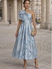 economico Abiti da cocktail-Linea ad A Lunghezza alla caviglia Lunghezza Tè Abiti da Cocktail Elegante Vintage Floreale Senza Maniche Monospalla Festa in giardino Matrimonio Tasca Raso Jacquard con Stampa floreale Fiore