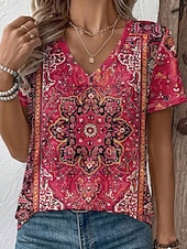 tanie T-shirt boho-Damskie Podkoszulek Nadruk Graficzny Plemienny Elegancki Klasyczny Codzienny Krótki rękaw W serek Zwykłe topy Codzienny Czerwony Fioletowy Zielony Lato Wiosna