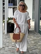 preiswerte Blusenanzüge für Damen-Damen Hosen-Sets Kunstbaumwollleinen Kurzarm Rundhalsausschnitt Einfarbig Mode Streetwear Lässig Täglich Outdoor Blau Schwarz Weiß Frühling &amp; Sommer Lässiger Schnitt