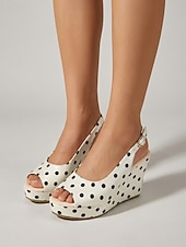 cheap Wedge Sandals-Women's Retro Polka Dot Wedge Sandals - Elegant White &amp; Black Peep Toe Platform Heels with Slingback for Luxury Cruise Vacations, Deck Parties &amp; Summer Resort Wear