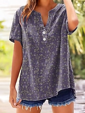cheap Floral tee-Women's T Shirt Floral Graphic Plants Stylish Classic Short Sleeve V Neck Regular Tops Casual Daily Blue Pink Purple Green Summer Spring