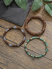 Χαμηλού Κόστους Ανδρικά κοσμήματα-Σετ ανδρικών βραχιολιών μποέμ με τυρκουάζ κέλυφος καρύδας και ξύλινες χάντρες, 3 τεμάχια ελαστικά βραχιόλια που στοιβάζονται για διακοπές στην παραλία, casual καλοκαιρινά ρούχα και καθημερινή χρήση