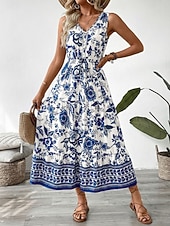 voordelige Bloemenjurken-Dames Maxi-jurk A lijn jurk Slipdress Vakantie Casual Buiten Uitgaan Standaard pasvorm Bloemig Mouwloos V-hals blauw Zomer Lente