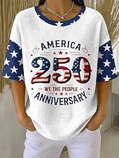 baratos Dia da Independência Top-Dia da Independência Americana Mulheres Camiseta Waffle Tops tricotados texturizados Gráfico Bandeira americana à moda Clássico Manga Curta Gola Redonda Tops regulares Casual Diário Azul Vermelho