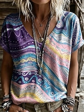 billige Boho t-skjorte-Dame T skjorte Trykt mønster Grafisk Geometrisk Stamme Stilfull Fritid Kortermet V-hals Vanlige topper Avslappet Daglig Gul Lilla Oransje Brun Sommer Vår