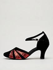 abordables Años 1920 &amp; Era Gatsby-Zapatos de tacón de ante negro estilo Gran Gatsby de los años 20 para mujer: elegantes zapatos de salón rojos con purpurina y estampado de rayos de sol, con correa en el tobillo, ideales para fiestas