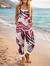 cheap Art&amp;Design Jumpsuit-Women's Overall Active Color Block Sleeveless Sleeveless Square Neck Pocket Print Daily Vacation Loose Fit Red Summer