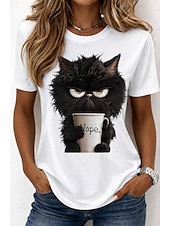 economico Maglietta Animali-Per donna Maglietta Stampato Grafico Animale Gatto Vintage Elegante Classico Manica Corta Girocollo Top Regolari Casuale Quotidiano Weekend Bianco Caffè Bianco 2 Estate Primavera Autunno Inverno