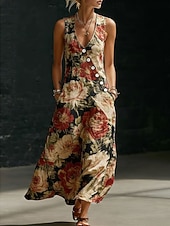 abordables Vestidos florales-Mujer Vestido maxi Vestido de verano Vestido informal Vestido de una línea Elegante Vacaciones Playa Festivos Ajuste regular Floral Graphic Sin Mangas Escote en Pico Negro Rojo Verano Primavera