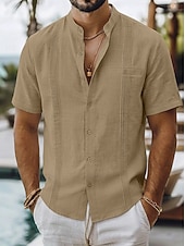 abordables Vacances-Men's Shirt Linen Shirt Summer Shirt Beach Shirt Summer Hawaiian Shirt Solid Color Casual Daily Blue Dark Yellow Navy Blue Green Short Sleeve Collar Spring &amp; Summer Summer Clothing Apparel Ruched
