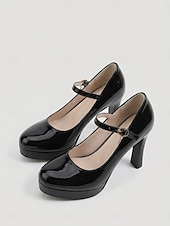 お買い得  プラットフォームパンプス-女性用レッドパテントプラットフォームメリージェーンヒール、ラウンドトゥストラップドレスシューズ（結婚式ゲスト、ガーデンウェディング用） &amp;フォーマルなイベント