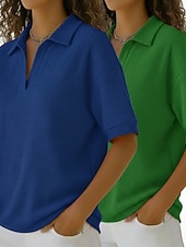  Multipack mit 2 Damen-Waffel-T-Shirts, Poloshirts, Waffelstrick-Tops, schlichte, modische Basics, klassische Kurzarm-Hemdkragen-Tops, lässige Alltags-Strand-Tops, gelb + orange