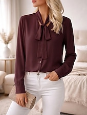 abordables Blusas Sencillas-Mujer Tops de verano Elegante Básico Manga Larga Corbata en el cuello Escote en Pico Tops regulares Casual Oficina Verde Hierba Negro Blanco Rosa Morado Verano Primavera Otoño