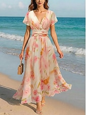 abordables Vestidos florales elegantes-Mujer Vestido maxi Vestido de raso Vestido de flores Vestido Estampado Elegante Moda Moderno Diario Exterior Vacaciones Ajuste regular Floral Manga Corta Escote en Pico Rosa Verano Primavera