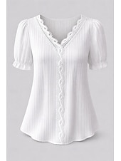 olcso Egyszerű póló-Női Póló Tee Top Csipke Kollázs Sima Divat Stílusos Klasszikus Rövid ujjú V-alakú Normál felsők Napi Alkalmi Hétvége Fekete Fehér Sárga Égszínkék Bíbor Nyár Tavasz