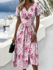 baratos Vestidos Boho-Mulheres Vestido midi Vestido A Line Férias Casual Boho Normal Gráfico Geométrica Manga Curta Decote V Azul Vermelho Roxo Verde Verão Primavera