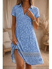 cheap Boho Dress-Women's Knee Length Dress A Line Dress Vacation Casual Boho Beach Regular Fit Floral Graphic Short Sleeve V Neck Blue Pink Purple Green Summer Spring