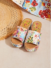 voordelige Slide Sandalen-vakantie citrustuin canvas hoge hak muiltjes