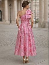 economico Abiti da cocktail-Linea ad A Lunghezza alla caviglia Lunghezza Tè Abiti da Cocktail Elegante Vintage Floreale Senza Maniche Monospalla Festa in giardino Matrimonio Tasca Raso Jacquard con Stampa floreale Fiore