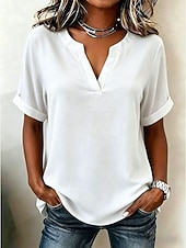 abordables Blusas Sencillas-Mujer Blusa Color sólido Vintage Elegante Básico Manga Corta Escote en Pico Tops regulares Casual Diario Blanco Rosa Rojo Morado Verano Primavera