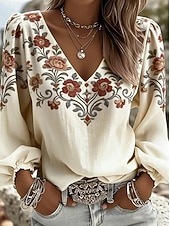 economico Bluse Floreali-Per donna Camicia Floreale Grafico Geometrico Bohemien Vacanza Vintage Manica Lunga Scollo a V Top lunghi Casuale Quotidiano Ferie Marrone rossastro Nero Viola Beige Estate Primavera