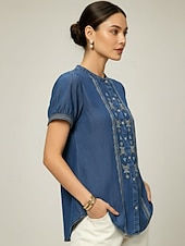 abordables Blusas Elegantes-Camisa de manga corta con cuello mao bordado para mujer