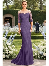 tanie Suknie wieczorowe syrenki-Syrena Tren sweep Suknia Suknia wieczorowa Sukienka dla matki panny młodej Rękaw 1/2 Łódeczka Elegancja Formalny Gość weselny Koronka Tiul z Haft nakładany