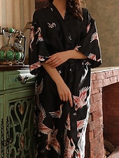 preiswerte Bademäntel für Damen-Damen Freizeitkleidung Robe Nachthemd Mode Lässig Grafik Satin-Seidenpyjamas Patchwork Kleid Urlaub Straße Date Halbarm V Ausschnitt Meerblau Schwarz Weiß Rote Grau Sommer Frühling Lässiger Schnitt